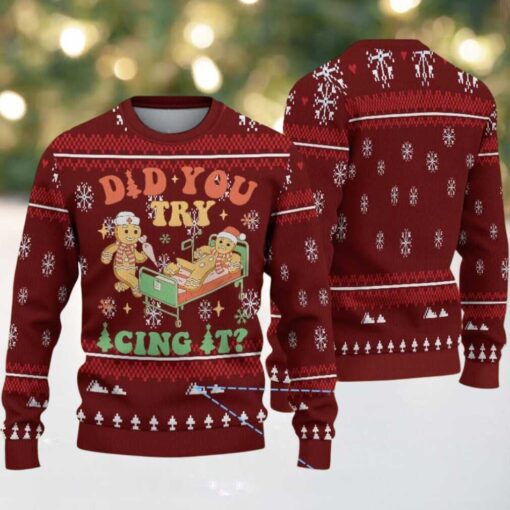 Red Ugly Christmas Sweater with White Snowflake Pattern Featuring Nurse Gingerbread Men and Funny Medical Quote