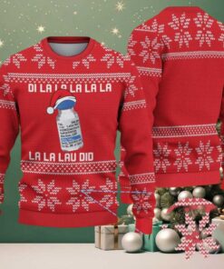 Red Ugly Christmas Sweater with White Snowflake Pattern Featuring Nurse Medical Bottle