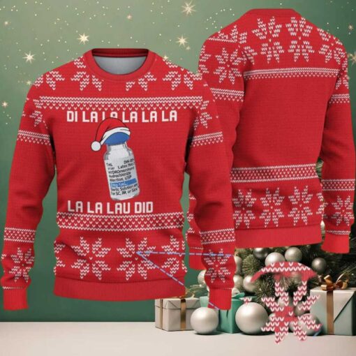 Red Ugly Christmas Sweater with White Snowflake Pattern Featuring Nurse Medical Bottle
