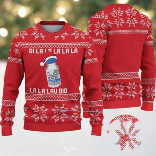 Red Ugly Christmas Sweater with White Snowflake Pattern Featuring Nurse Medical Bottle
