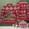 Green Ugly Christmas Sweater with White Snowflake Pattern Featuring Dinosaur with Christmas Lights on Skateboard
