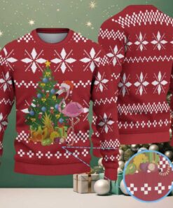 Red Ugly Christmas Sweater with White Snowflake Pattern Featuring Pink Flamingo and Decorated Christmas Tree
