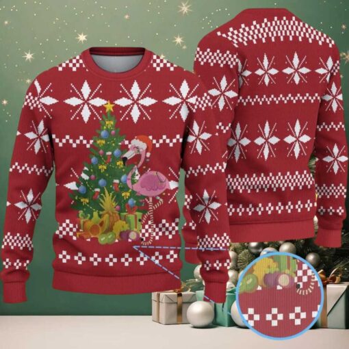 Red Ugly Christmas Sweater with White Snowflake Pattern Featuring Pink Flamingo and Decorated Christmas Tree