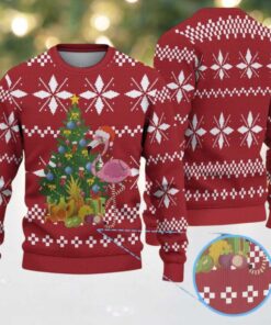 Red Ugly Christmas Sweater with White Snowflake Pattern Featuring Pink Flamingo and Decorated Christmas Tree