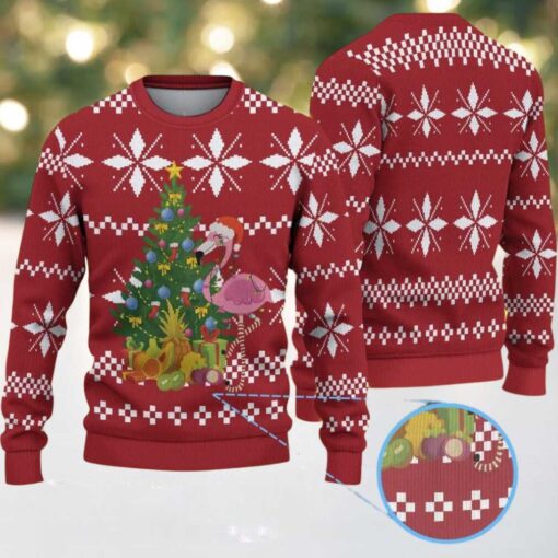 Red Ugly Christmas Sweater with White Snowflake Pattern Featuring Pink Flamingo and Decorated Christmas Tree