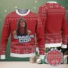 White Ugly Christmas Sweater with Blue Geometric Snowflake Pattern Featuring Jurassic Park Dinosaur Logo