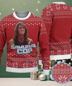 Red Ugly Christmas Sweater with White Snowflake Pattern Featuring Samurai Cop Chivas