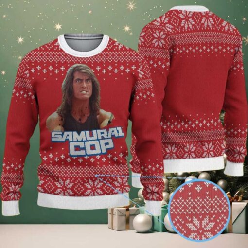 Red Ugly Christmas Sweater with White Snowflake Pattern Featuring Samurai Cop Chivas