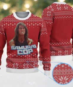 Red Ugly Christmas Sweater with White Snowflake Pattern Featuring Samurai Cop Chivas