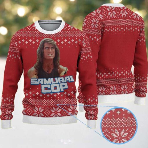 Red Ugly Christmas Sweater with White Snowflake Pattern Featuring Samurai Cop Chivas