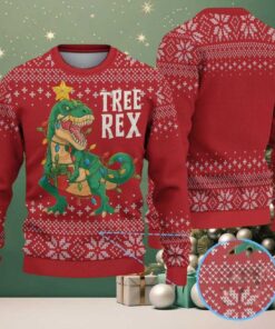 Red Ugly Christmas Sweater with White Snowflake Pattern Featuring Tree Rex Dinosaur