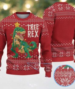 Red Ugly Christmas Sweater with White Snowflake Pattern Featuring Tree Rex Dinosaur