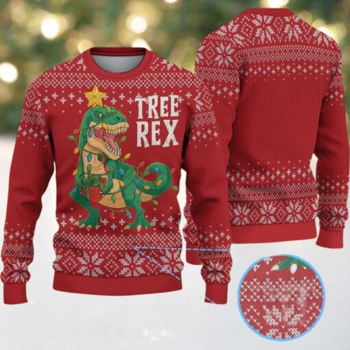 Red Ugly Christmas Sweater with White Snowflake Pattern Featuring Tree Rex Dinosaur