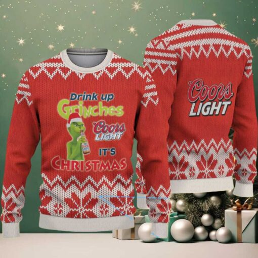 Red & White Knit Pattern “Drink Up Grinches – It’s Christmas” Coors Light Ugly Christmas Sweater
