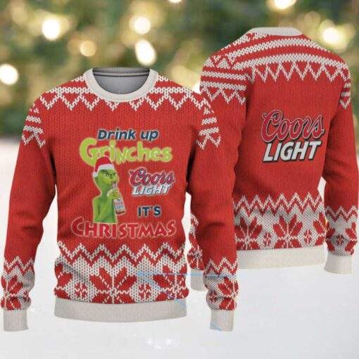 Red & White Knit Pattern “Drink Up Grinches – It’s Christmas” Coors Light Ugly Christmas Sweater