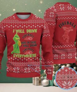 Red & White Snowflake Pattern “Fireball Cinnamon Whisky & Grinch” Ugly Christmas Sweater