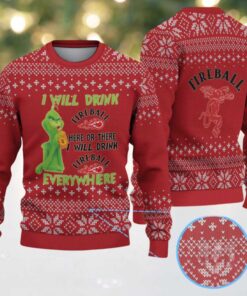 Red & White Snowflake Pattern “Fireball Cinnamon Whisky & Grinch” Ugly Christmas Sweater