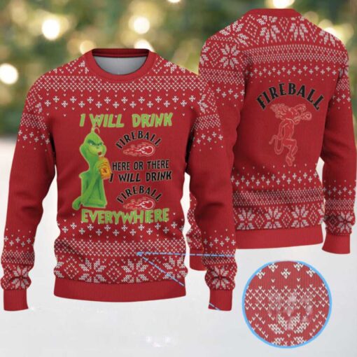 Red & White Snowflake Pattern “Fireball Cinnamon Whisky & Grinch” Ugly Christmas Sweater