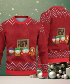 Red & White South Park Friends Holding Sign with Zigzag Knit Pattern – Vintage Ugly Christmas Sweater Red & White South Park Friends Holding Sign with Zigzag Knit Pattern – Vintage Ugly Christmas Sweater
