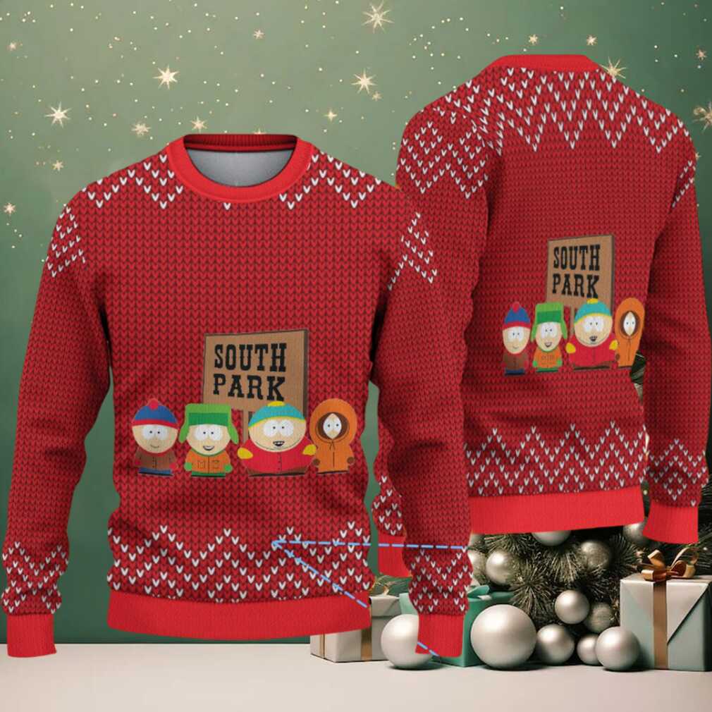 Red & White South Park Friends Holding Sign with Zigzag Knit Pattern – Vintage Ugly Christmas Sweater Red & White South Park Friends Holding Sign with Zigzag Knit Pattern – Vintage Ugly Christmas Sweater