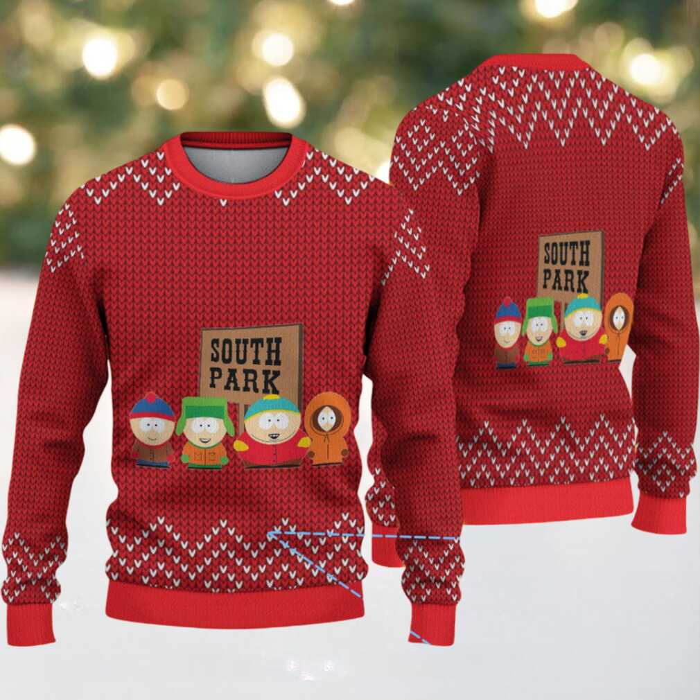 Red & White South Park Friends Holding Sign with Zigzag Knit Pattern – Vintage Ugly Christmas Sweater Red & White South Park Friends Holding Sign with Zigzag Knit Pattern – Vintage Ugly Christmas Sweater