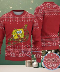 Red & White SpongeBob Tangled in Christmas Lights Snowflake Pattern – Vintage Ugly Christmas Sweater