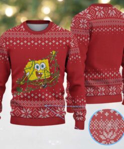 Red & White SpongeBob Tangled in Christmas Lights Snowflake Pattern – Vintage Ugly Christmas Sweater