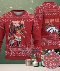 Red and White Denver Broncos Snowflake Knit Vintage Ugly Christmas Sweater – Orange Jersey Edition
