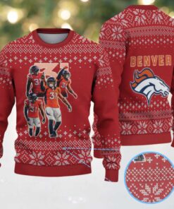 Red and White Denver Broncos Snowflake Knit Vintage Ugly Christmas Sweater – Orange Jersey Edition