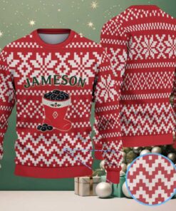 Red and White Geometric Snowflake Pattern “Jameson Irish Whiskey” Ugly Christmas Sweater