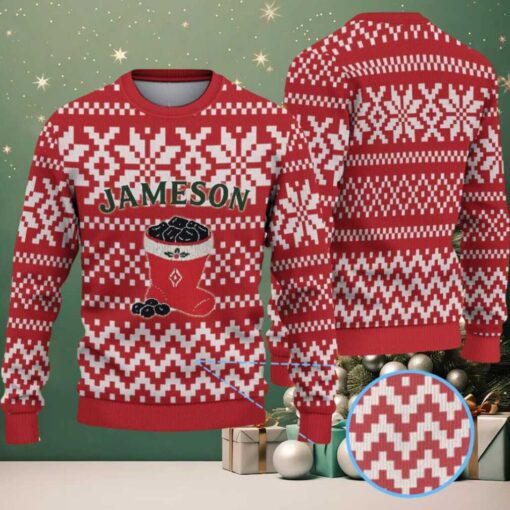 Red and White Geometric Snowflake Pattern “Jameson Irish Whiskey” Ugly Christmas Sweater