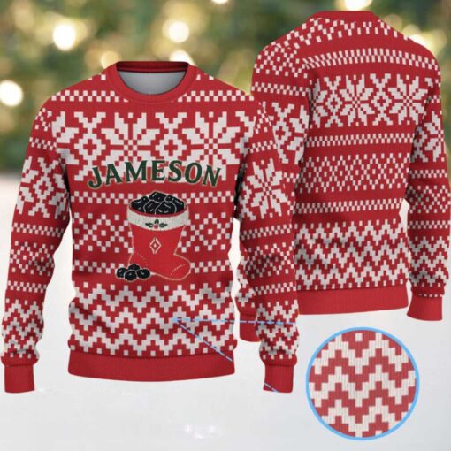 Red and White Geometric Snowflake Pattern “Jameson Irish Whiskey” Ugly Christmas Sweater