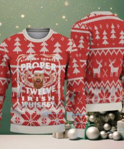 Red and White Reindeer Forest Pattern “Proper Twelve Irish Whiskey” Ugly Christmas Sweater