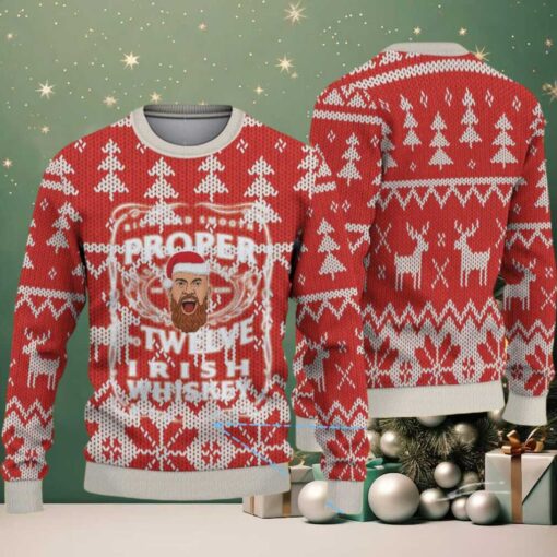 Red and White Reindeer Forest Pattern “Proper Twelve Irish Whiskey” Ugly Christmas Sweater