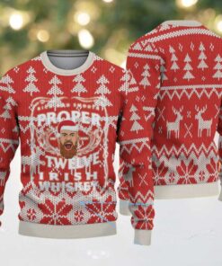 Red and White Reindeer Forest Pattern “Proper Twelve Irish Whiskey” Ugly Christmas Sweater