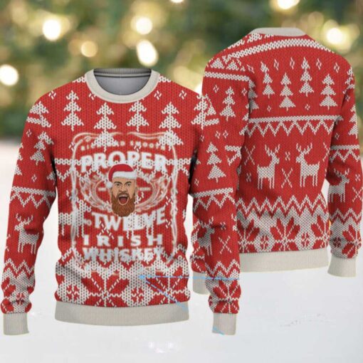 Red and White Reindeer Forest Pattern “Proper Twelve Irish Whiskey” Ugly Christmas Sweater