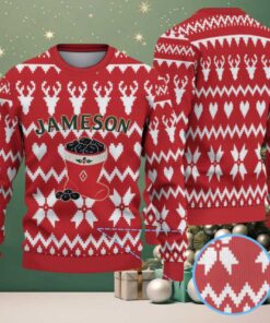 Red and White Reindeer & Heart Pattern “Jameson Irish Whiskey” Ugly Christmas Sweater
