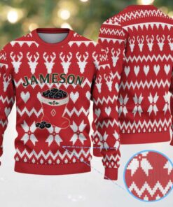 Red and White Reindeer & Heart Pattern “Jameson Irish Whiskey” Ugly Christmas Sweater