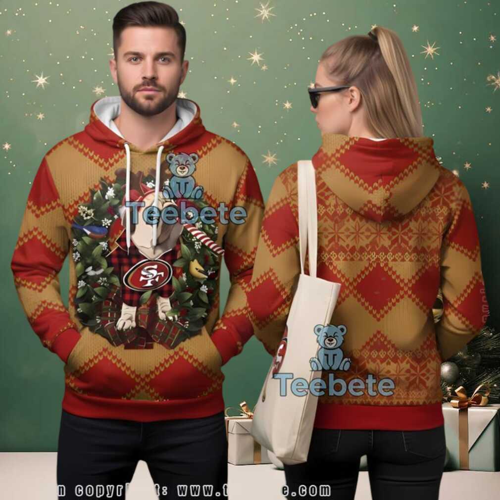 San Francisco 49Ers Pug Dog Reindeer Ugly Christmas 3D Hoodie, hoodie, sweater, long sleeve and tank top Person wearing San Francisco 49ers Pug Dog Reindeer Ugly Christmas 3D Hoodie at a festive event