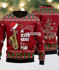 Saxophone Jesus Name I Play Ugly Christmas Sweater Red Friends