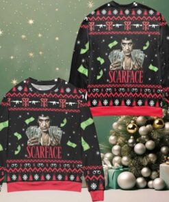 Scarface 1983 Film Pine Tree Snowflake Pattern Ugly Christmas Sweater Black