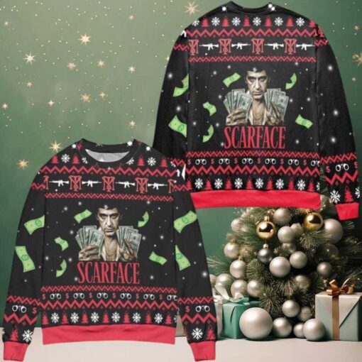 Scarface 1983 Film Pine Tree Snowflake Pattern Ugly Christmas Sweater Black