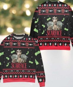 Scarface 1983 Film Pine Tree Snowflake Pattern Ugly Christmas Sweater Black