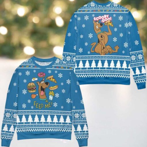 Scooby Doo Feed Me Snowflake Pattern Ugly Christmas Sweater Blue