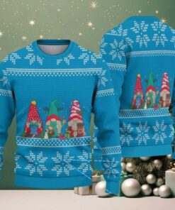 Sky Blue Christmas Gnomes with Snowflake Knit Pattern Vintage Ugly Christmas Sweater