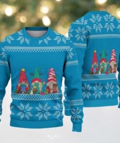 Sky Blue Christmas Gnomes with Snowflake Knit Pattern Vintage Ugly Christmas Sweater