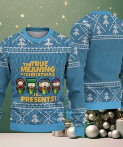 Sky Blue & White South Park Pixel Art Characters with Christmas Tree Knit Pattern – Vintage Ugly Christmas Sweater