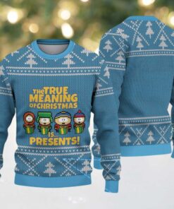 Sky Blue & White South Park Pixel Art Characters with Christmas Tree Knit Pattern – Vintage Ugly Christmas Sweater