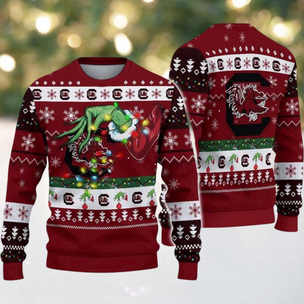 South Carolina Gamecocks Merry Christmas Grinch Hand NCAA Ugly Christmas Sweater South Carolina Gamecocks Merry Christmas Grinch Hand NCAA Ugly Christmas Sweater