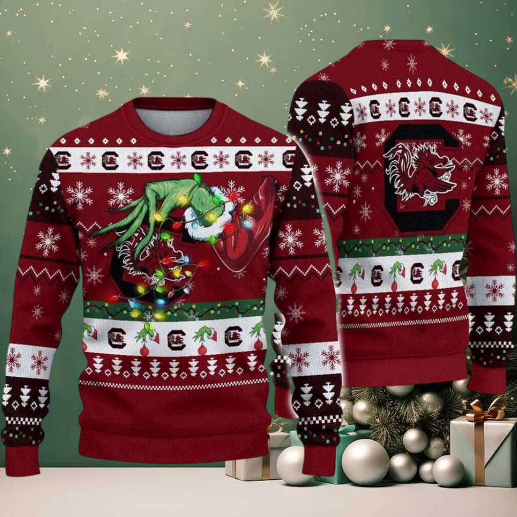 South Carolina Gamecocks Merry Christmas Grinch Hand NCAA Ugly Christmas Sweater South Carolina Gamecocks Merry Christmas Grinch Hand NCAA Ugly Christmas Sweater